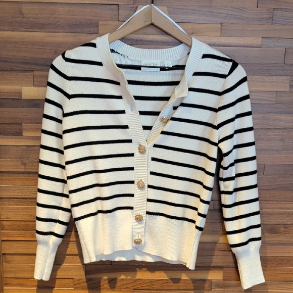 Cyrus Sweaters - Cyrus Cream and Black Striped Button-Front Cardigan with Gold Buttons